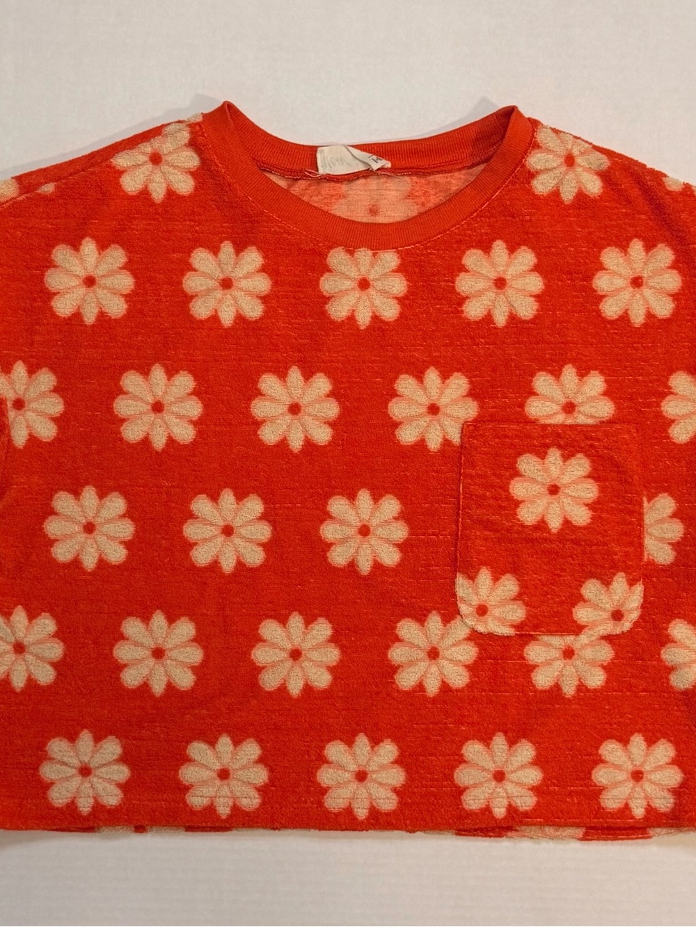 New In Terry Cloth Cropped Sweater Tee With Floral Print and Pocket